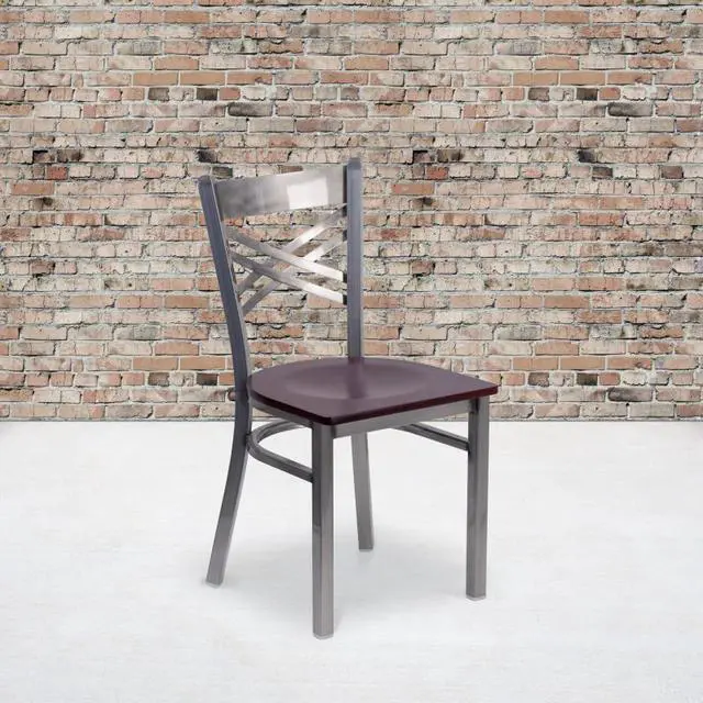 Alt view image 15 of 20 - Flash Furniture HERCULES Series Clear Coated ''X'' Back Metal Restaurant Chair - Mahogany Wood Seat