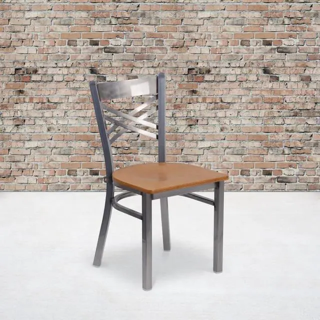 Alt view image 5 of 17 - Flash Furniture HERCULES Series Clear Coated ''X'' Back Metal Restaurant Chair - Natural Wood Seat
