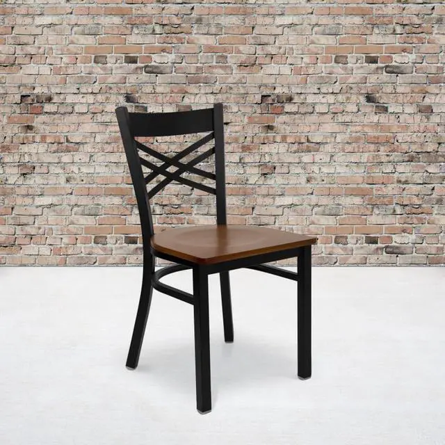 Alt view image 13 of 20 - HERCULES Series Black ''X'' Back Metal Restaurant Chair - Cherry Wood Seat