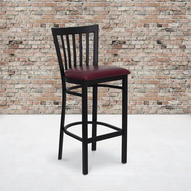 Alt view image 6 of 14 - Flash Furniture XU-DG6R8BSCH-BAR-BURV-GG Hercules Series Black School House Back Metal Restaurant Bar Stool with Burgundy Vinyl Seat