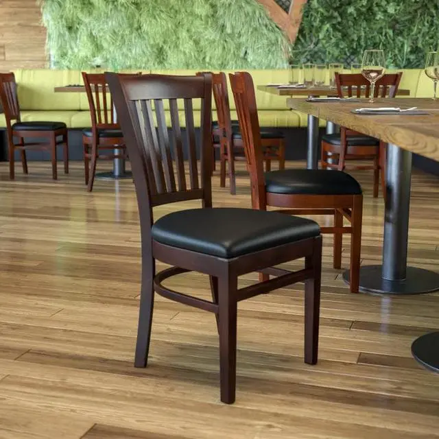 Alt view image 6 of 17 - Flash Furniture XU-DGW0008VRT-WAL-BLKV-GG Hercules Series Walnut Finished Vertical Slat Back Wooden Restaurant Chair with Black Vinyl Seat