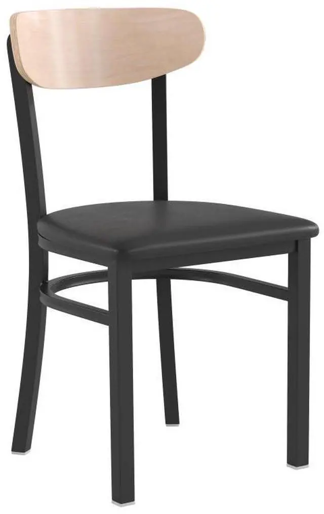 Alt view image 15 of 20 - Wright Commercial Dining Chair with 500 LB. Capacity Black Steel Frame, Natural Birch Finish Wooden Boomerang Back, and Black Vinyl Seat