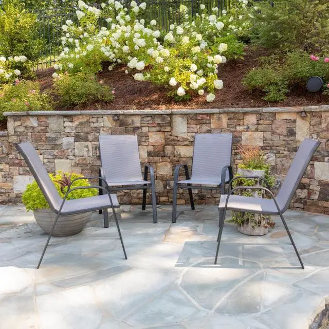 Alt view image 9 of 18 - 4 Pack Brazos Series Gray Outdoor Stack Chair with Flex Comfort Material and Metal Frame