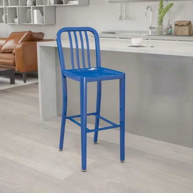 Alt view image 15 of 17 - Flash Furniture Commercial Grade 30" High Blue Metal Indoor-Outdoor Barstool with Vertical Slat Back 2 Pack (2CH6120030BL)