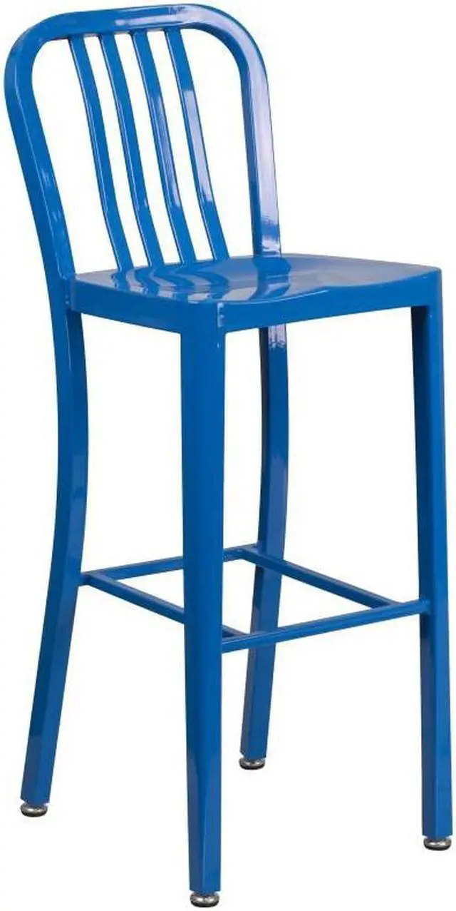 Alt view image 16 of 17 - Flash Furniture Commercial Grade 30" High Blue Metal Indoor-Outdoor Barstool with Vertical Slat Back 2 Pack (2CH6120030BL)