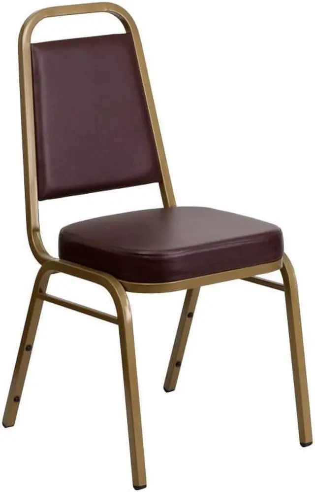 Alt view image 2 of 7 - 4 Pack HERCULES Series Trapezoidal Back Stacking Banquet Chair in Brown Vinyl - Gold Frame