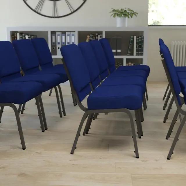 Main image of 4 Pack HERCULES Series 21''W Stacking Church Chair in Navy Blue Fabric - Silver Vein Frame