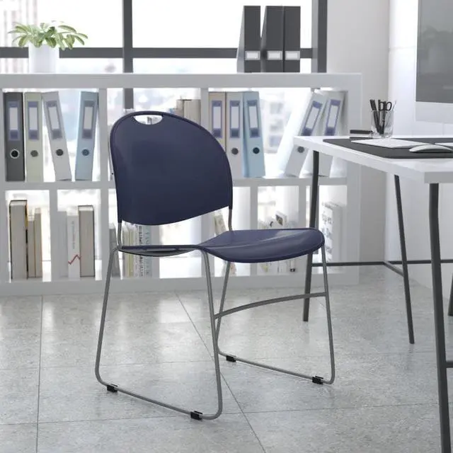 Main image of 5 Pack HERCULES Series 880 lb. Capacity Navy Ultra-Compact Stack Chair with Silver Powder Coated Frame