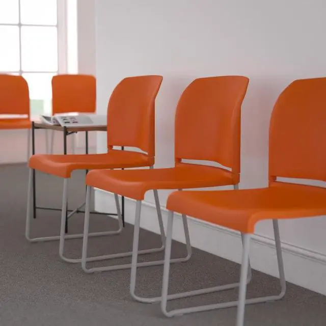 Main image of 5 Pack HERCULES Series 880 lb. Capacity Orange Full Back Contoured Stack Chair with Gray Powder Coated Sled Base