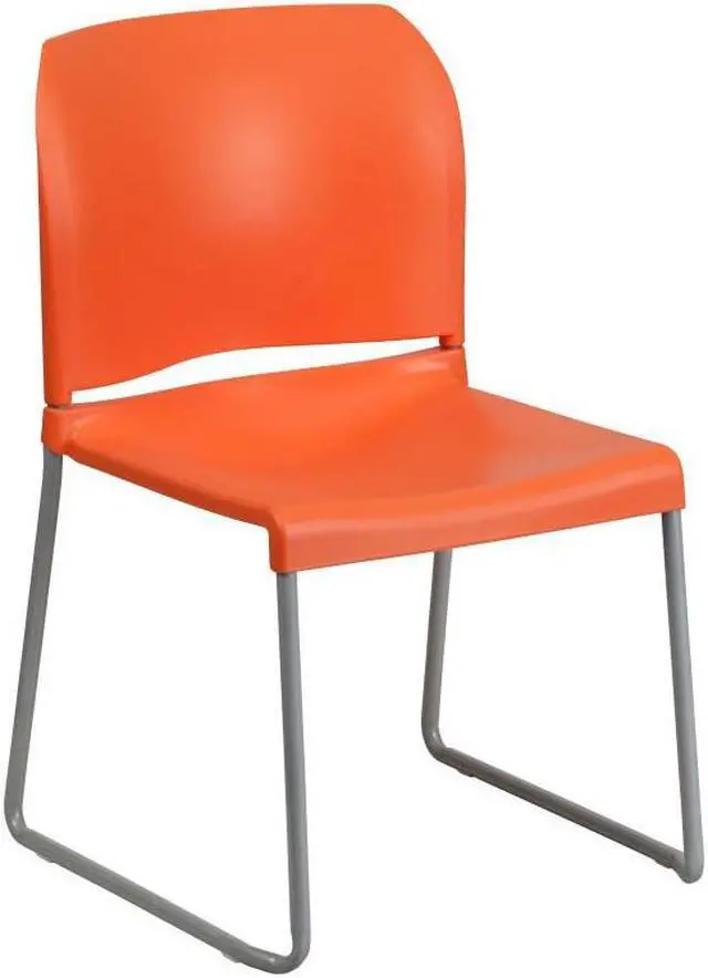Alt view image 3 of 10 - 5 Pack HERCULES Series 880 lb. Capacity Orange Full Back Contoured Stack Chair with Gray Powder Coated Sled Base