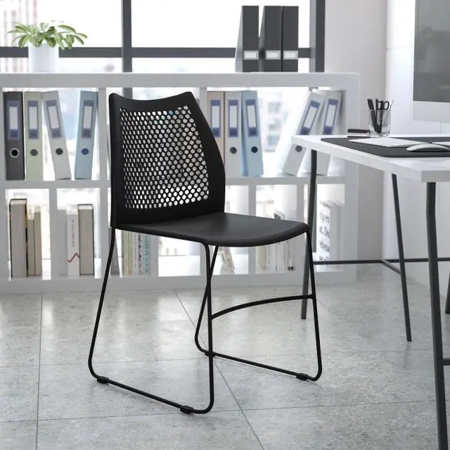 Main image of 5 Pack HERCULES Series 661 lb. Capacity Black Stack Chair with Air-Vent Back and Black Powder Coated Sled Base