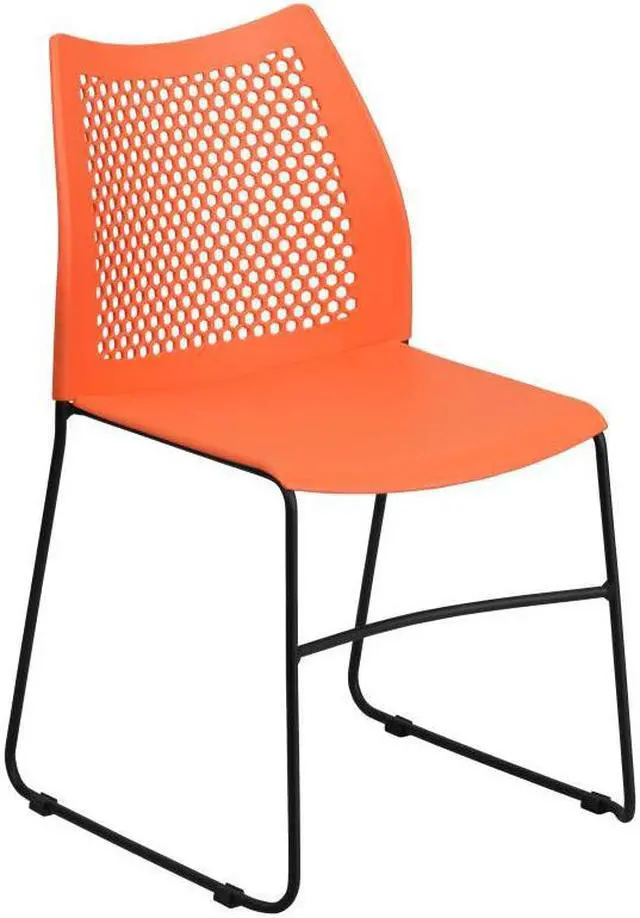 Alt view image 3 of 10 - 5 Pack HERCULES Series 661 lb. Capacity Orange Stack Chair with Air-Vent Back and Black Powder Coated Sled Base
