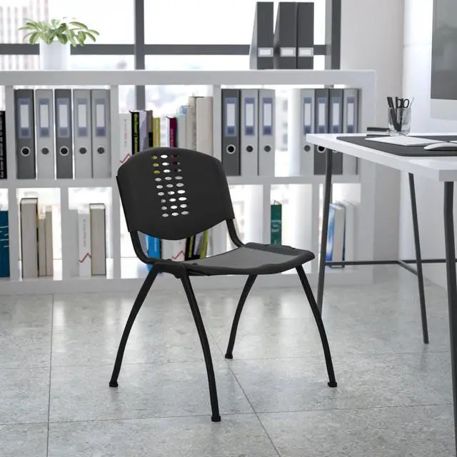 Alt view image 17 of 20 - HERCULES Series 880 lb. Capacity Black Plastic Stack Chair with Oval Cutout Back and Black Frame
