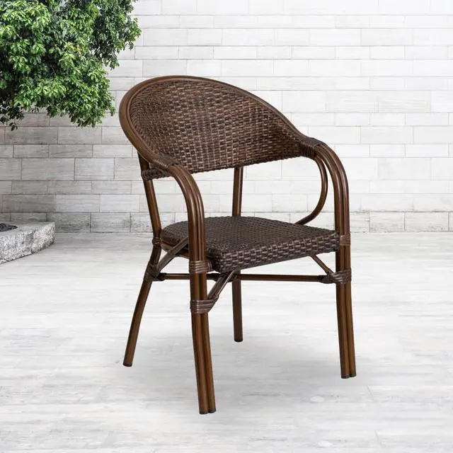Alt view image 12 of 20 - Flash Furniture Milano Series Bamboo Patio Chair Dark Brown Rattan/Bamboo-Aluminum Frame 3 Pack (3SDAAD642003R1)