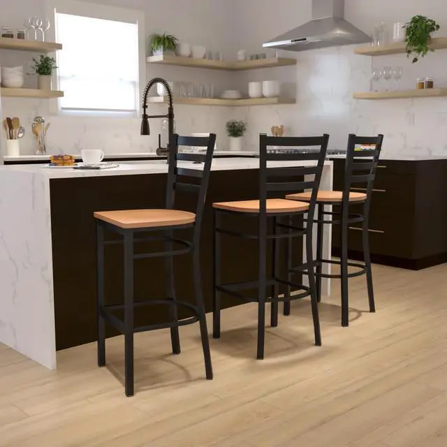 Alt view image 8 of 17 - 2 Pk. HERCULES Series Black Ladder Back Metal Restaurant Barstool - Natural Wood Seat