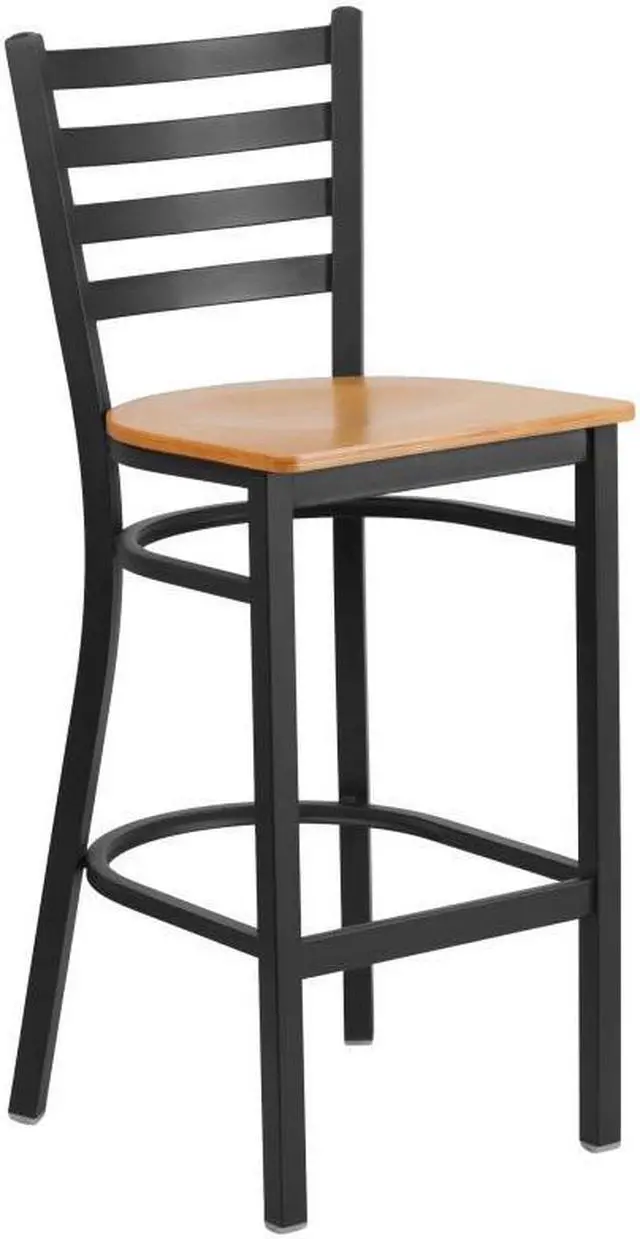Alt view image 9 of 17 - 2 Pk. HERCULES Series Black Ladder Back Metal Restaurant Barstool - Natural Wood Seat