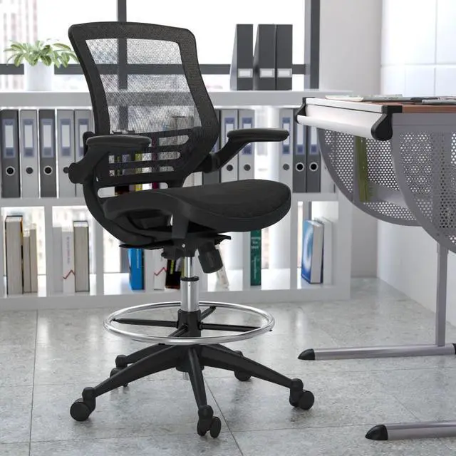 Alt view image 20 of 20 - Mid-Back Transparent Black Mesh Drafting Chair with Black Frame and Flip-Up Arms