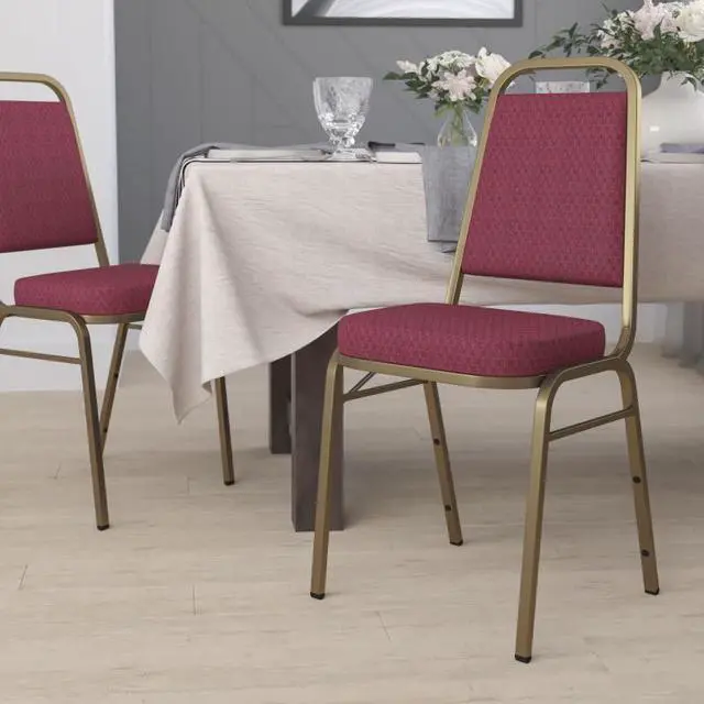 Alt view image 19 of 20 - HERCULES Series Trapezoidal Back Stacking Banquet Chair in Burgundy Patterned Fabric - Gold Frame