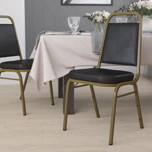 Alt view image 20 of 20 - HERCULES Series Trapezoidal Back Stacking Banquet Chair in Black Vinyl - Gold Frame