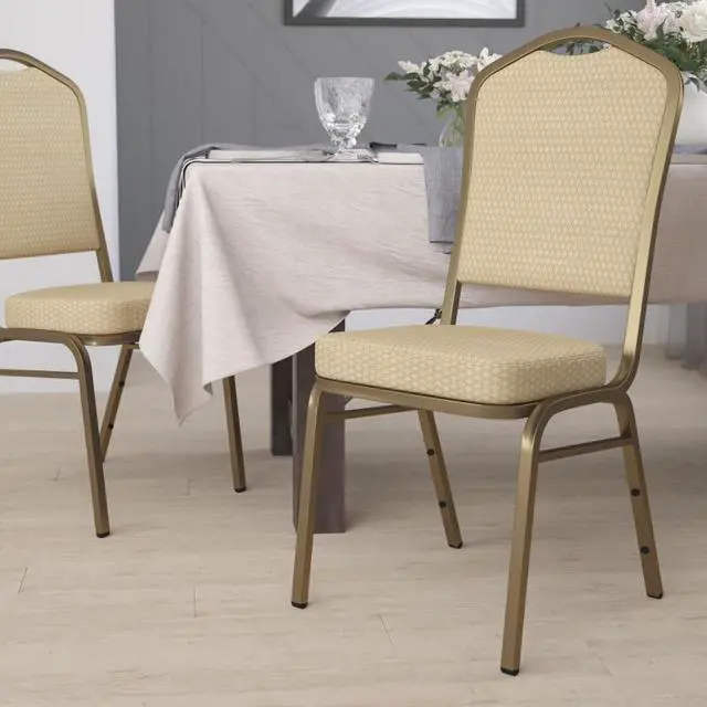 Alt view image 19 of 20 - HERCULES Series Crown Back Stacking Banquet Chair in Beige Patterned Fabric - Gold Frame