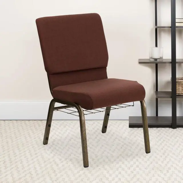 Alt view image 17 of 20 - HERCULES Series 18.5''W Church Chair in Brown Fabric with Cup Book Rack - Gold Vein Frame