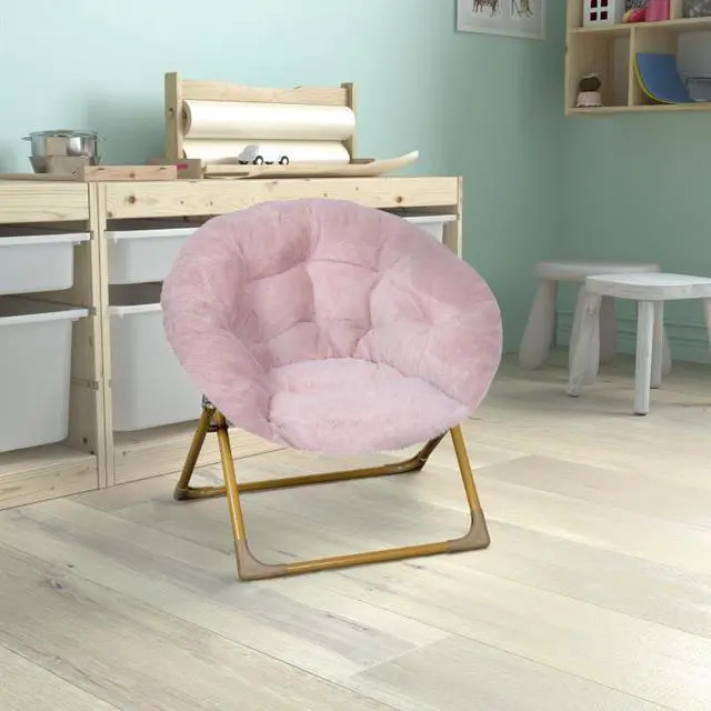 Alt view image 14 of 20 - Gwen 23" Kids Cozy Mini Folding Saucer Chair, Faux Fur Moon Chair for Toddlers and Bedroom, Blush/Soft Gold