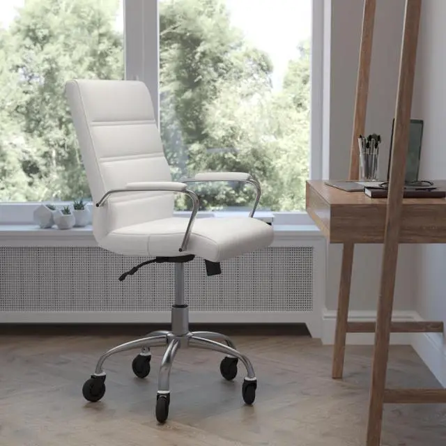 Alt view image 13 of 20 - Camilia Mid-Back White LeatherSoft Executive Swivel Office Chair with Chrome Frame, Arms, and Transparent Roller Wheels
