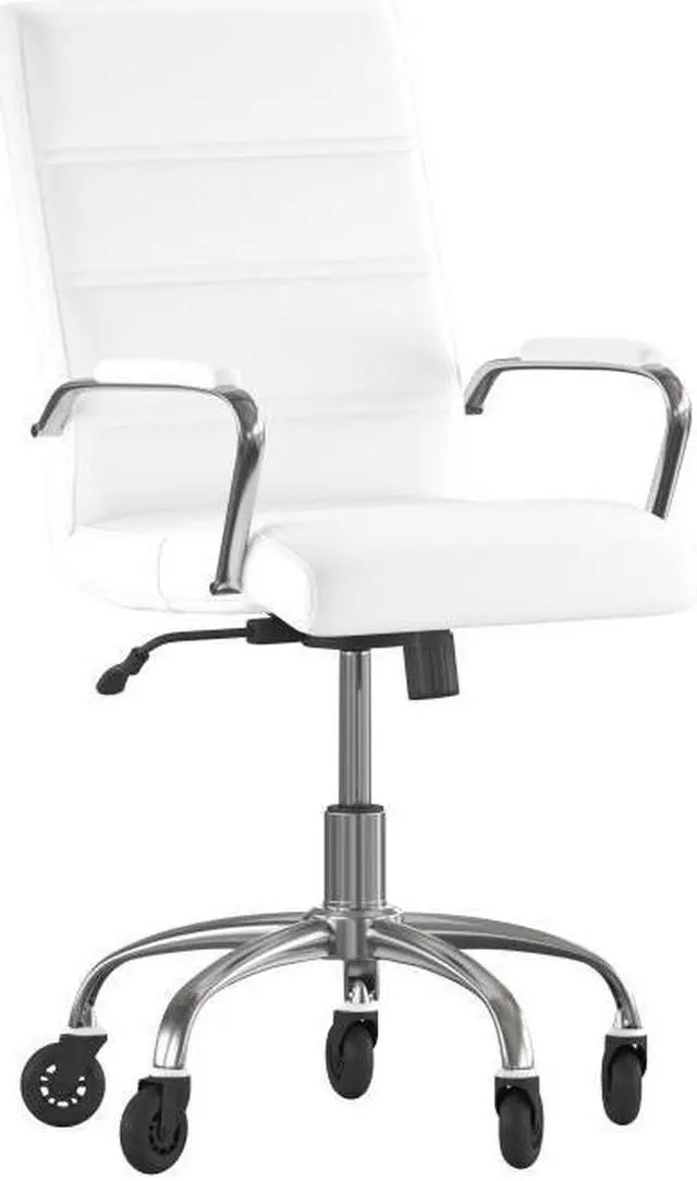 Alt view image 14 of 20 - Camilia Mid-Back White LeatherSoft Executive Swivel Office Chair with Chrome Frame, Arms, and Transparent Roller Wheels