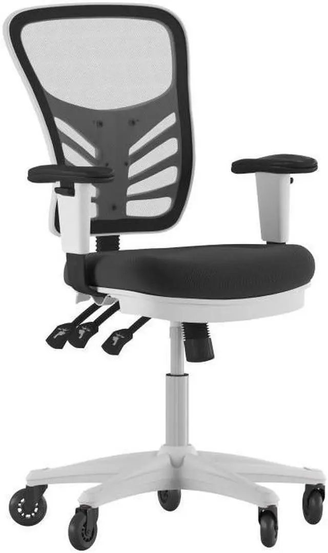Alt view image 15 of 20 - Nicholas Mid-Back Black Mesh Multifunction Executive Ergonomic Office Chair with Adjustable Arms, Transparent Roller Wheels, and White Frame