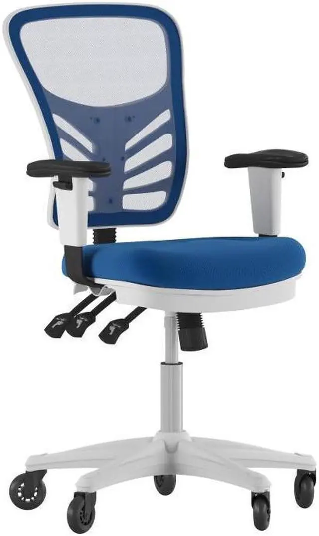 Alt view image 15 of 20 - Nicholas Mid-Back Blue Mesh Multifunction Executive Ergonomic Office Chair with Adjustable Arms, Transparent Roller Wheels, and White Frame