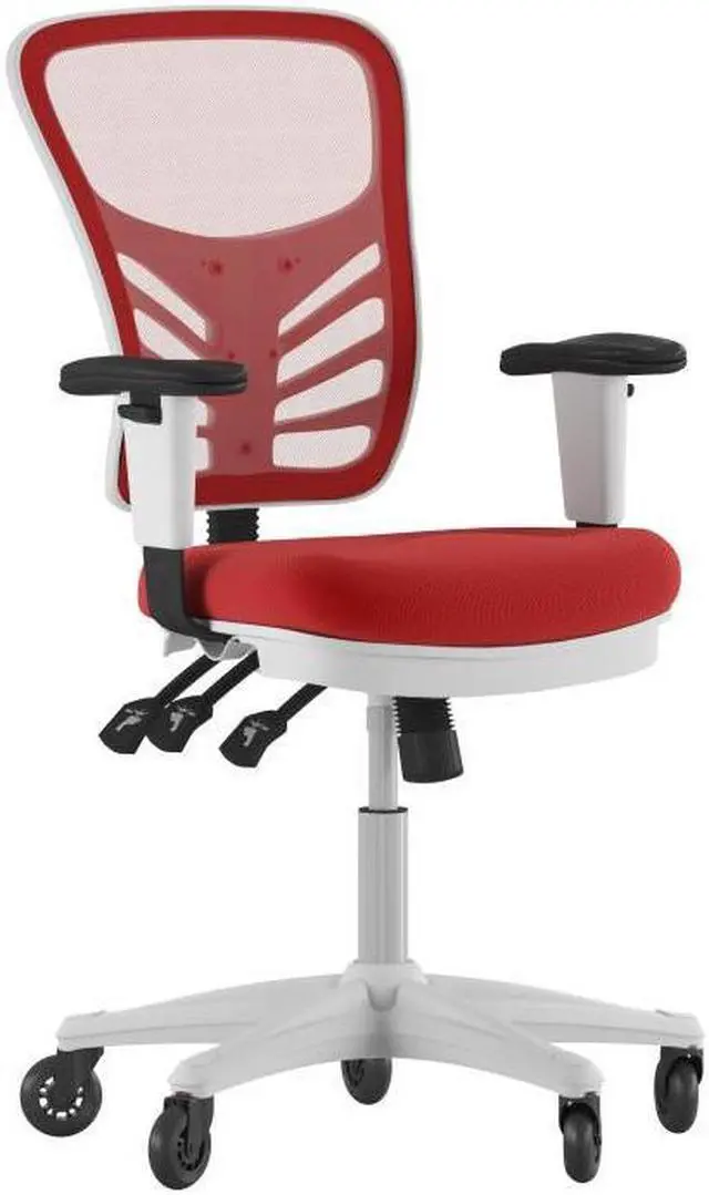 Alt view image 15 of 20 - Nicholas Mid-Back Red Mesh Multifunction Executive Ergonomic Office Chair with Adjustable Arms, Transparent Roller Wheels, and White Frame