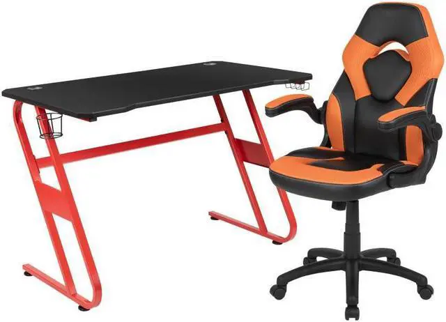 Alt view image 16 of 20 - Red Gaming Desk and Orange/Black Racing Chair Set with Cup Holder and Headphone Hook
