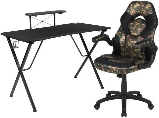 Alt view image 6 of 14 - Black Gaming Desk and Camouflage/Black Racing Chair Set with Cup Holder, Headphone Hook, and Monitor/Smartphone Stand
