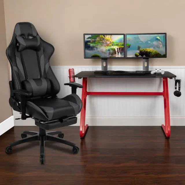 Alt view image 20 of 20 - Red Gaming Desk with Cup Holder/Headphone Hook & Gray Reclining Gaming Chair with Footrest