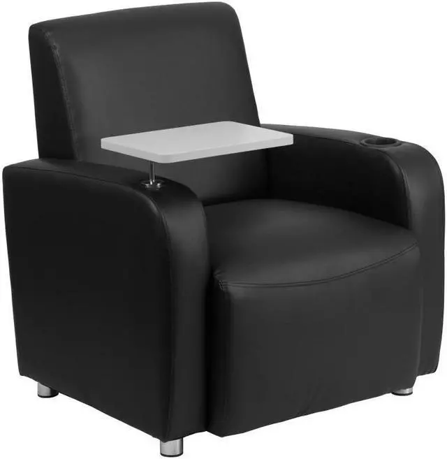 Alt view image 9 of 17 - Black Leather Guest Chair with Tablet Arm, Chrome Legs and Cup Holder
