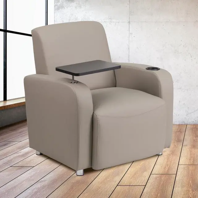 Alt view image 20 of 20 - Gray Leather Guest Chair with Tablet Arm, Chrome Legs and Cup Holder
