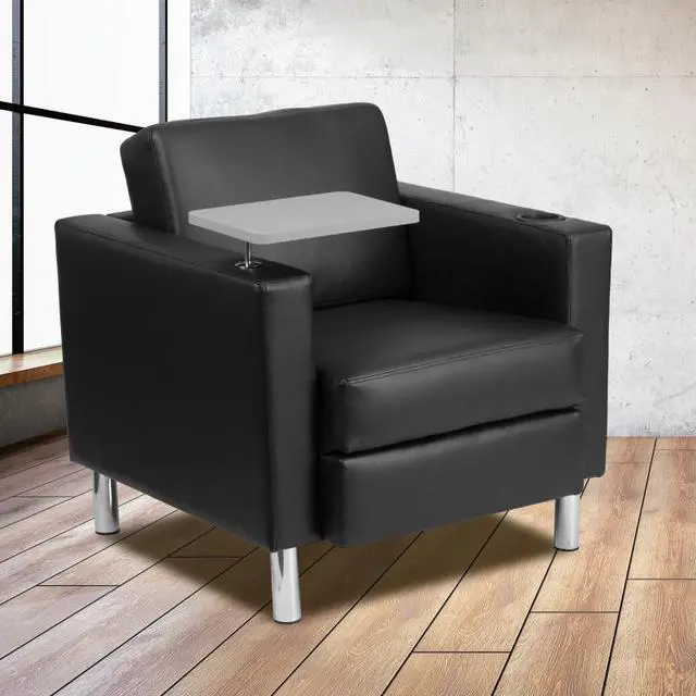 Alt view image 13 of 20 - Black Leather Guest Chair with Tablet Arm, Tall Chrome Legs and Cup Holder