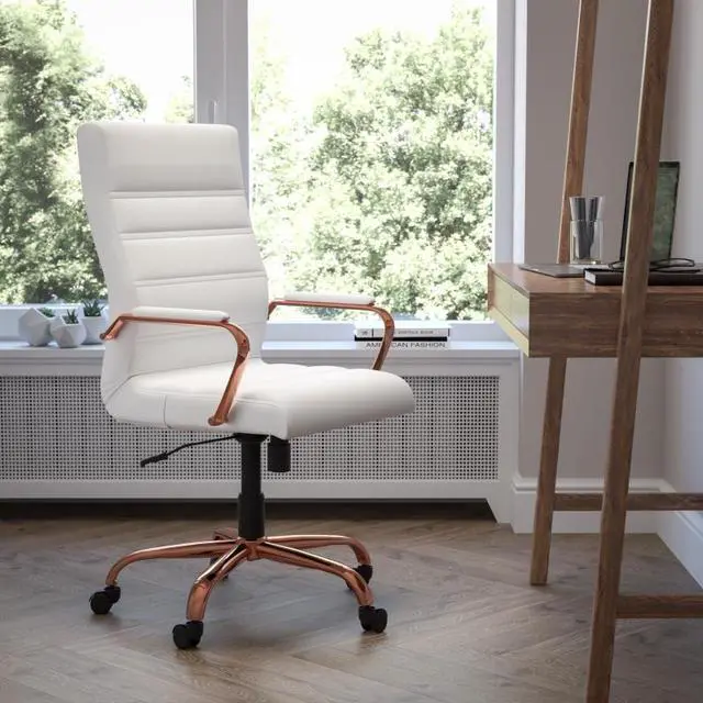 Alt view image 19 of 20 - High Back White LeatherSoft Executive Swivel Office Chair with Rose Gold Frame and Arms