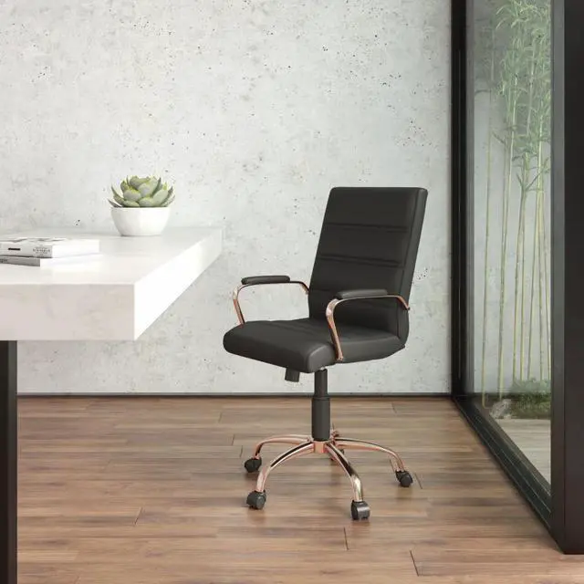 Alt view image 20 of 20 - Mid-Back Black LeatherSoft Executive Swivel Office Chair with Rose Gold Frame and Arms