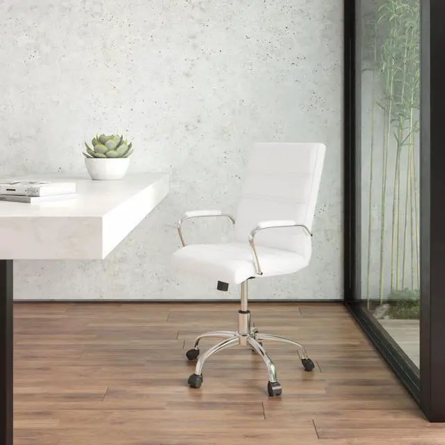 Alt view image 20 of 20 - Mid-Back White LeatherSoft Executive Swivel Office Chair with Chrome Base and Arms