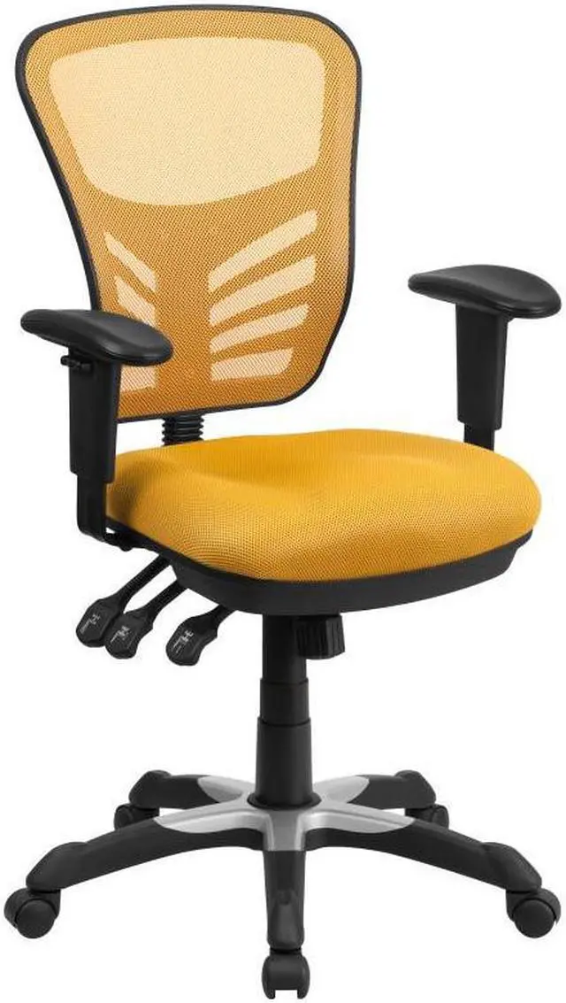 Alt view image 14 of 20 - Mid-Back Yellow-Orange Mesh Multifunction Executive Swivel Ergonomic Office Chair with Adjustable Arms