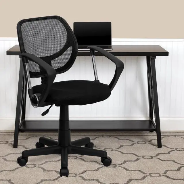 Alt view image 18 of 20 - Low Back Black Mesh Swivel Task Office Chair with Curved Square Back and Arms