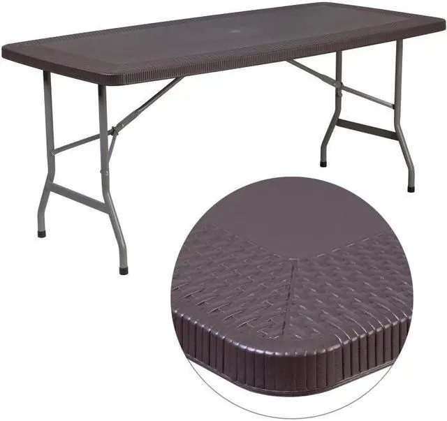 Alt view image 19 of 20 - 5.62-Foot Brown Rattan Indoor-Outdoor Plastic Folding Table