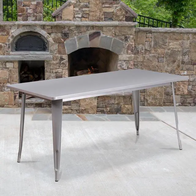 Alt view image 7 of 17 - Commercial Grade 31.5" x 63" Rectangular Silver Metal Indoor-Outdoor Table