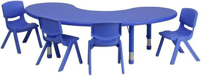 Alt view image 5 of 8 - 35''W x 65''L Half-Moon Blue Plastic Height Adjustable Activity Table Set with 4 Chairs