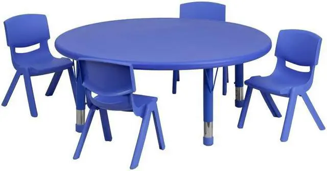 Alt view image 4 of 9 - 45'' Round Blue Plastic Height Adjustable Activity Table Set with 4 Chairs