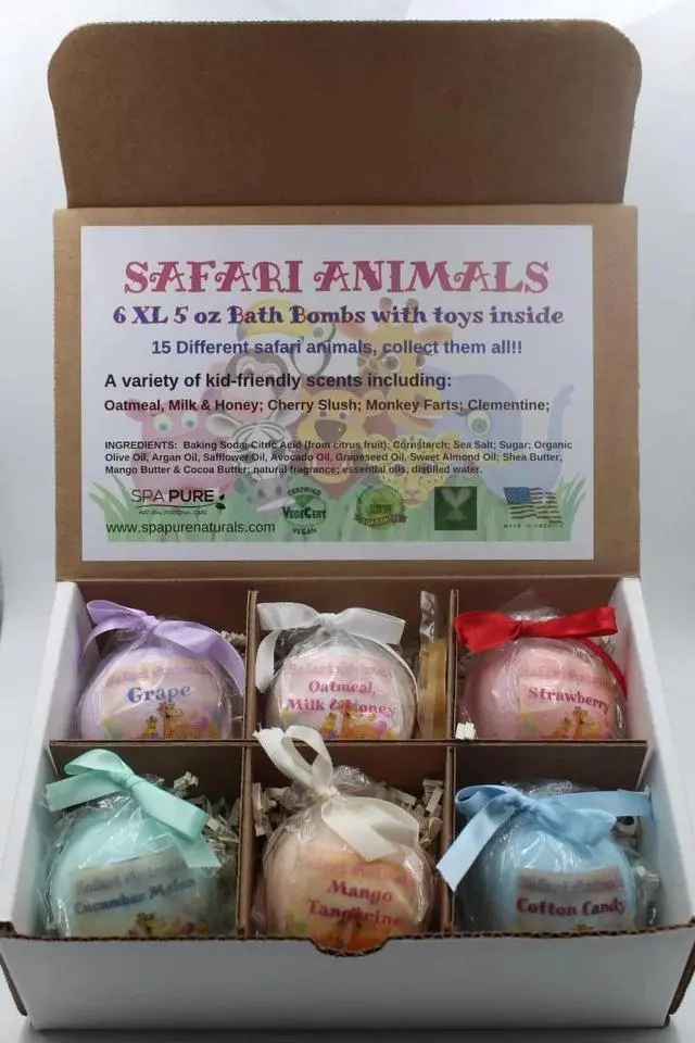 Main image of Spa Pure Kids Safari Animals: 6 XL Bath Bomb for Kids with Surprise Toys Inside (Safari Animal) USA Made, Natural, Organic XL 5 oz Gift for Girls/Boys (6-Pack Gift Set)