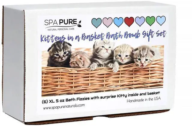 Main image of Spa Pure Kittens in Basket: 6 Adorable Kittens hiding inside each colorful bath bomb, XL 5 oz each (6 count) pack of 1