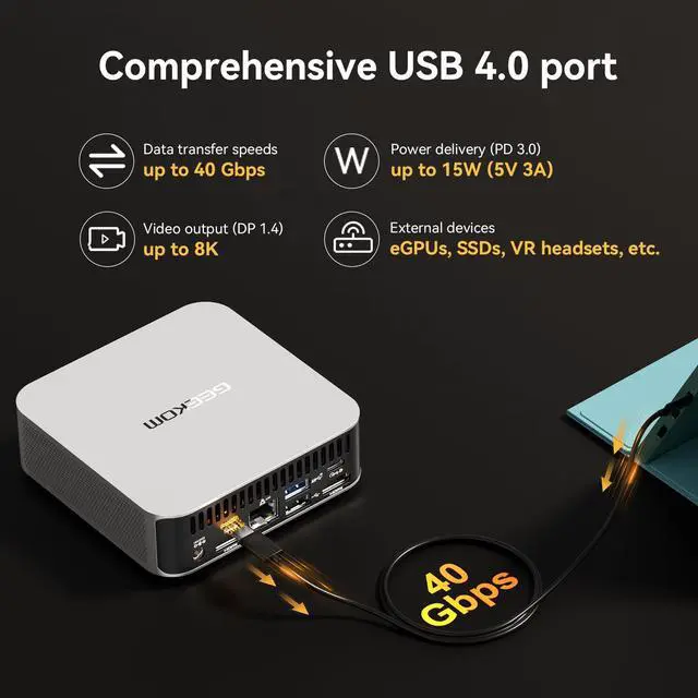 Alt view image 6 of 7 - GEEKOM A8 AI Mini PC, AMD Ryzen 9 8945HS Mini Computers (up to 5.2GHz), 32GB DDR5 5600MHz RAM&2TB PCIe 4.0 SSD, Windows 11 Pro Mini Desktop, AMD Ryzen AI/Radeon 780M/WiFi 6E/BT5.2/USB4/8K/Quad Display