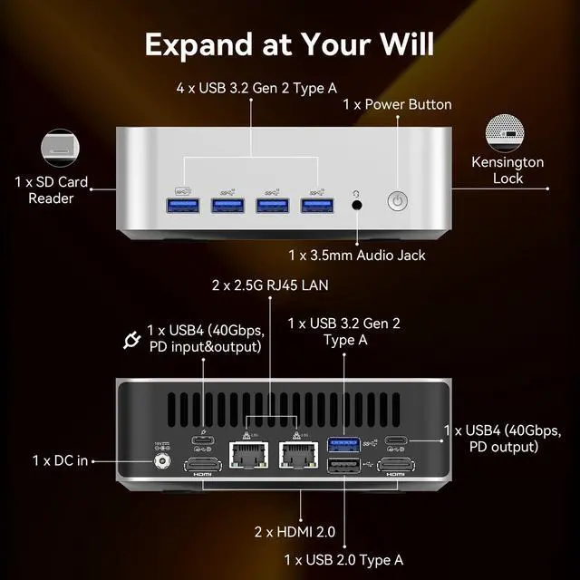 Alt view image 6 of 7 - GEEKOM A8 MAX Gaming Mini PC AMD Ryzen 9 8945HS(Desktop Alternative), 32GB DDR5 & 1TB Expandable SSD for Design & AI Tools, Dual LAN, Quiet Win11 Pro Mini Computer with USB4, 8K Output|Home Office